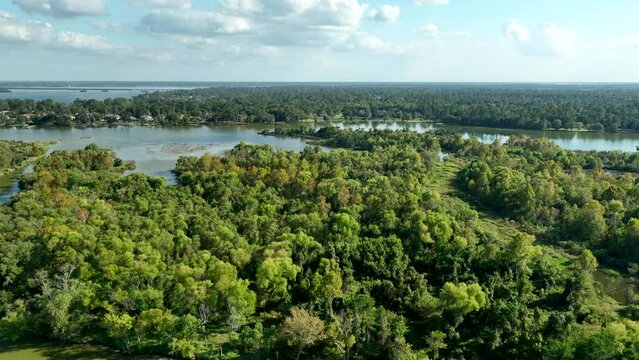 Beautiful aerial view of Lake Houston surrounded by dense forests in Kingwood, TX in 4K
