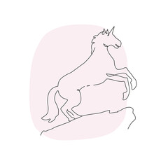 Vector line art unicorn, horse reared up. Pictures by hand in minimalism style isolated on white background.