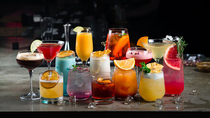Set of alcoholic cocktails Almond Whiskey Sour, Mango Daiquiri, Long Island, Whiskey Sour, Blue Hawaii, Pina Colada, Bramble, Daiquiri, Ruby Red Grapefruit Paloma, Aperol Syringe, Espresso Martini.