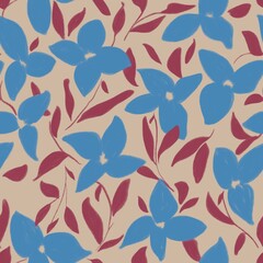 vintage hand painted floral seamless repeating pattern in blue, red and beige colours. design for textile, home decor and stationery
