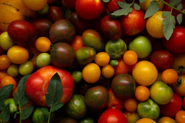Top view of various tomatoes fresh food