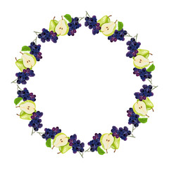 Decorative fruit wreath of grapes and pears.