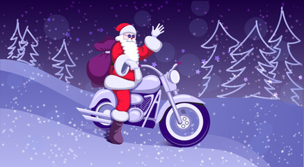 Congratulatory New Year and Christmas banner. Santa Claus rides a motorcycle in winter, forest, stars, Christmas trees. Vector illustration for banner, greeting card, background design.