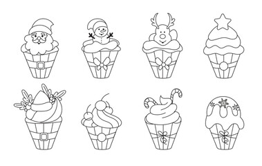 Hand drawn set of Christmas food dessert on white background. Isolated object. Design element and decorative menu, post, postcard, coloring book.