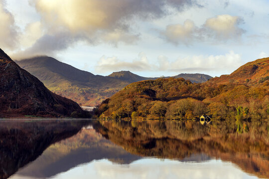 Llyn Dinas is a small lake in the heart of the Snowdonia national park. This is a view looking south in the direction of a small village called beddgelert