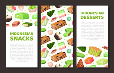 Indonesian snacks banner. Oriental Asian cuisine dishes poster, card, brochure template with space for text and tasty desserts seamless pattern cartoon vector