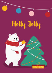 Cute Christmas postcard. A northern bear decorating a Christmas tree. The bear is holding a star in his paws. Atmospheric Christmas vector illustration with a beautiful white bear. Banner, card.