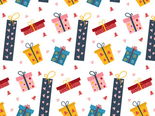 Gift boxes, gifts seamless pattern. Hand-drawn collection of doodles, isolated on white. Colorful textiles for wrapped paper. Christmas brightly colored pattern for tex, packaging, printables. 