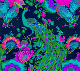 Chinoiserie peacock pattern, colorful bright and fun pattern