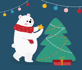 Cute Christmas vector illustration. A northern bear is decorating a Christmas tree. Atmospheric Christmas vector illustration with cute polar bear. Christmas tree, garland, lanterns, white bear.