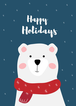 Cute polar bear in a red scarf. Christmas positive greeting card. Vector winter, Christmas illustration. White bear in flats style. Idea for postcard, banner. Happy Holidays inscription.