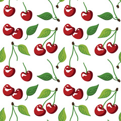Seamless pattern with cherries on a branch with leaves for printing on textiles. Botanical illustration of juicy wholesome berry in cartoon style. Ingredient for delicious desserts and vitamin drinks.