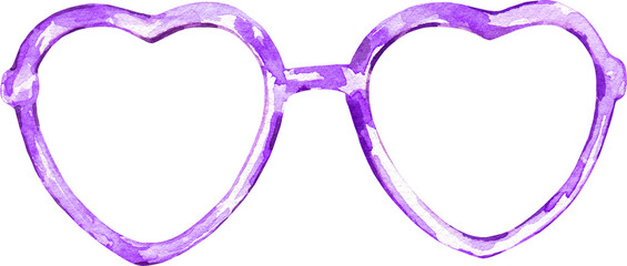 Watercolor violet heart shaped glasses illustration. Hipster funny clothes accessories, character creator decor fashion element isolated. Cute drawing clipart element cutout for man, woman	
