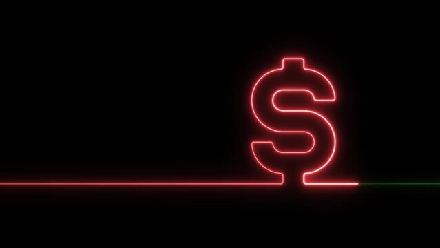 Neon glowing single line in shape of symbol of American currency Dollar on a black background. Bright red and green laser oneline illustration for financial or economic background