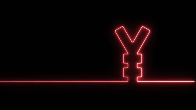 Neon glowing single line in shape of symbol of Japanese currency Yen on a black background. Bright red and green laser oneline illustration for financial or economic background