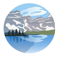Vector drawn landscape in a circle logo,  mountain view, wild nature, high picks, snowy mountains, wild river, fresh airs