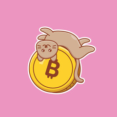 Cute cartoon cat on bitcoin coin in vector illustration. Animal isolated vector. Flat cartoon style