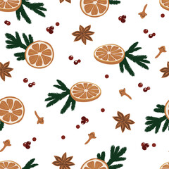 Christmas seamless pattern with fir branches and oranges. Pattern for scrapbooking, textile, creativity. Vector, illustration.