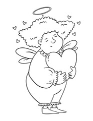 Outline illustration with angel holding the heart. Valentines day coloring page.