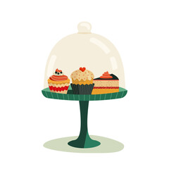 Cupcake stand with sweet treats fancy vector icon. Bakery shop stand for accessory, serving storage cupcake, muffin, cake slice. Flat design element illustration. Restaurant party, bakery menu decor