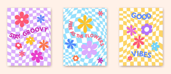Fototapeta na wymiar Checkered groovy flower. Hippie floral boards with inspirational slogans designs 1960s, kids power naive peace distorted checkerboard retro wall pattern 1970s vector illustration