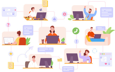 Interactive office community. Teamwork creative communication on collaborative project, colleague work in comfort workplace, display agile kanban scrum workflow vector illustration