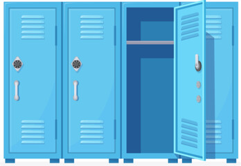 School locker. Students metal lockers or gym sports cabinets for college teenagers, cloakroom cupboard with open closed doors, fitness steel closet cartoon neat vector illustration
