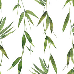 Bamboo twigs and leaves are green on a white background. Watercolor illustration. Elegant, lightweight, seamless pattern from the BAMBOO collection. For decoration and design of fabric, wallpaper.