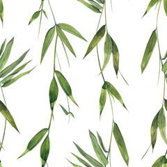 Fototapeta premium Bamboo twigs and leaves are green on a white background. Watercolor illustration. Elegant, lightweight, seamless pattern from the BAMBOO collection. For decoration and design of fabric, wallpaper.