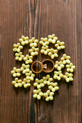 Flakes. Breakfast. Romance. Wedding rings