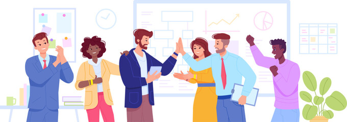 Cheering colleagues on workplace. Happy employee multiracial team celebrate triumph in office, colleague clapping congratulations professional achieving, swanky vector illustration