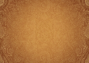 Hand-drawn unique abstract ornament. Golden splatters and light yellow on a darker yellow background and vignette in golden glitter on a darker background color. Paper texture. A4. (pattern: p01a)