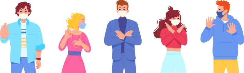 Fototapeta premium Stop virus gesture. People in face mask with hand no gesture, denial covid flu stopping infection influenza health care medical protection person control swanky vector illustration