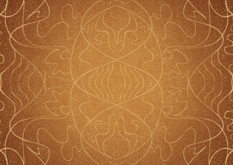 Hand-drawn unique abstract ornament. Golden splatters and light yellow on a darker yellow background and vignette in golden glitter on a darker background color. Paper texture. A4. (pattern: p02-1a)