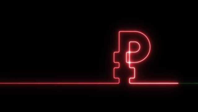 Neon glowing single line in shape of symbol of Russian currency Ruble on a black background. Bright red and green laser oneline illustration for financial or economic background