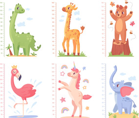 Animal growth rulers. Baby kid height measure short or tall meter kindergarten wall, funny animals centimeter size ruler chart child grow measurement, ingenious vector illustration