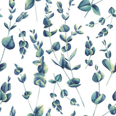 Eucalyptus branches on a white background. watercolor illustration. Seamless pattern from the WEDDING FLOWERS collection. For decoration and design of fabric, textiles, wallpaper, decor.