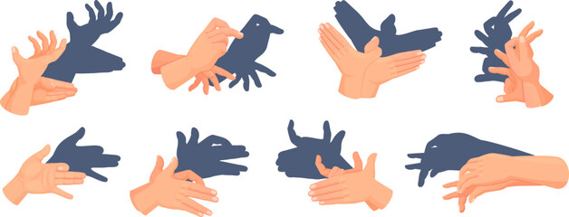 Gestures animal shadows. Vintage shadow theater concept, hand play theatrical puppet human imagination idea creative light show game animals elements, ingenious vector illustration