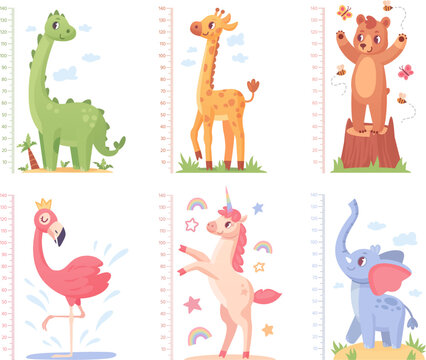 Animal Growth Rulers. Baby Kid Height Measure Short Or Tall Meter Kindergarten Wall, Funny Animals Centimeter Size Ruler Chart Child Grow Measurement, Ingenious Vector Illustration