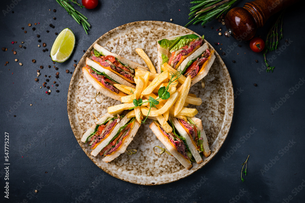 Canvas Prints Sandwiches with beef, tomato, lettuce, cheese, spices and french fries on a plate.