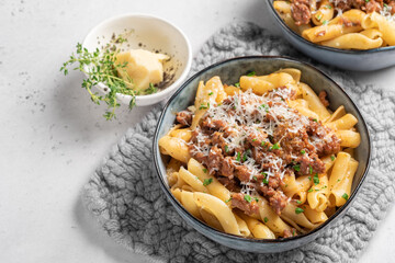 Italian pasta bolognese. Pasta with meat and tomato sauce
