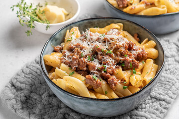 Italian pasta bolognese. Pasta with meat and tomato sauce