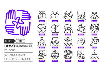 Human resources 02 related, pixel perfect, editable stroke, up scalable, line, vector bloop icon set.