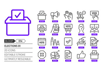 Elections 01 related, pixel perfect, editable stroke, up scalable, line, vector bloop icon set.