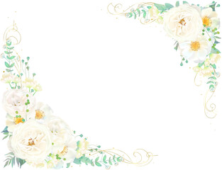 美しい白いバラの花とリーフの招待状横ゴールドフレームベクターイラスト素材