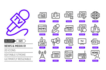 News and media 01 related, pixel perfect, editable stroke, up scalable, line, vector bloop icon set.