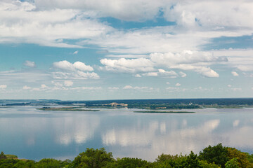 beautiful summer view of the water, river, sea overlooking the blue sky with clouds