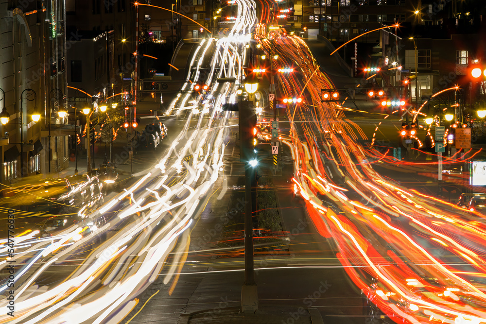 Wall mural traffic time lapse long exposure urban city life rush hours in sherbrooke quebec canada