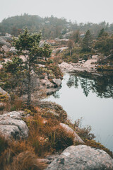 Fototapeta na wymiar Lake on top of the Preikestolen mountain in Norway during autumn