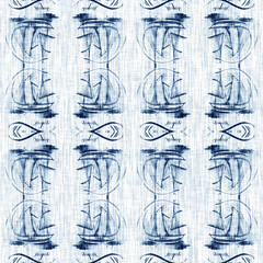 Indigo Dye Wash Coastal Damask Quilt Seamless Pattern. Washed out Geometric Dip Dyed Blur effect for Nautical and Marine Ocean Blue Interior Textile Backgrounds with Linen Texture Tile